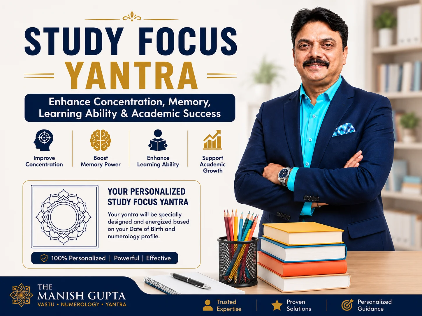 Personalized Study Focus Yantra for students to improve concentration, memory, learning ability and academic performance.